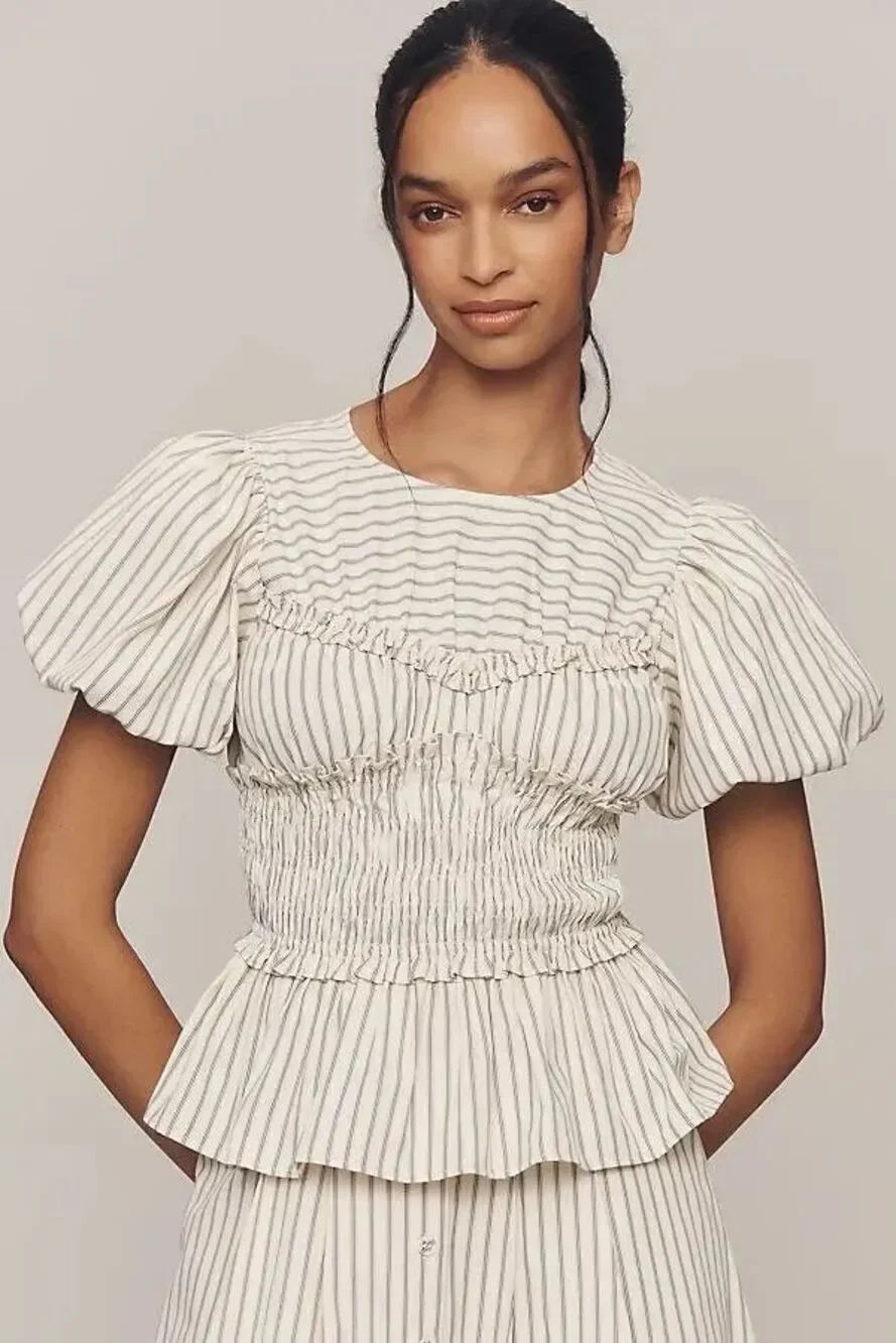 En Saison Puff Sleeve Peplum Top Size Large NWT Preppy Business